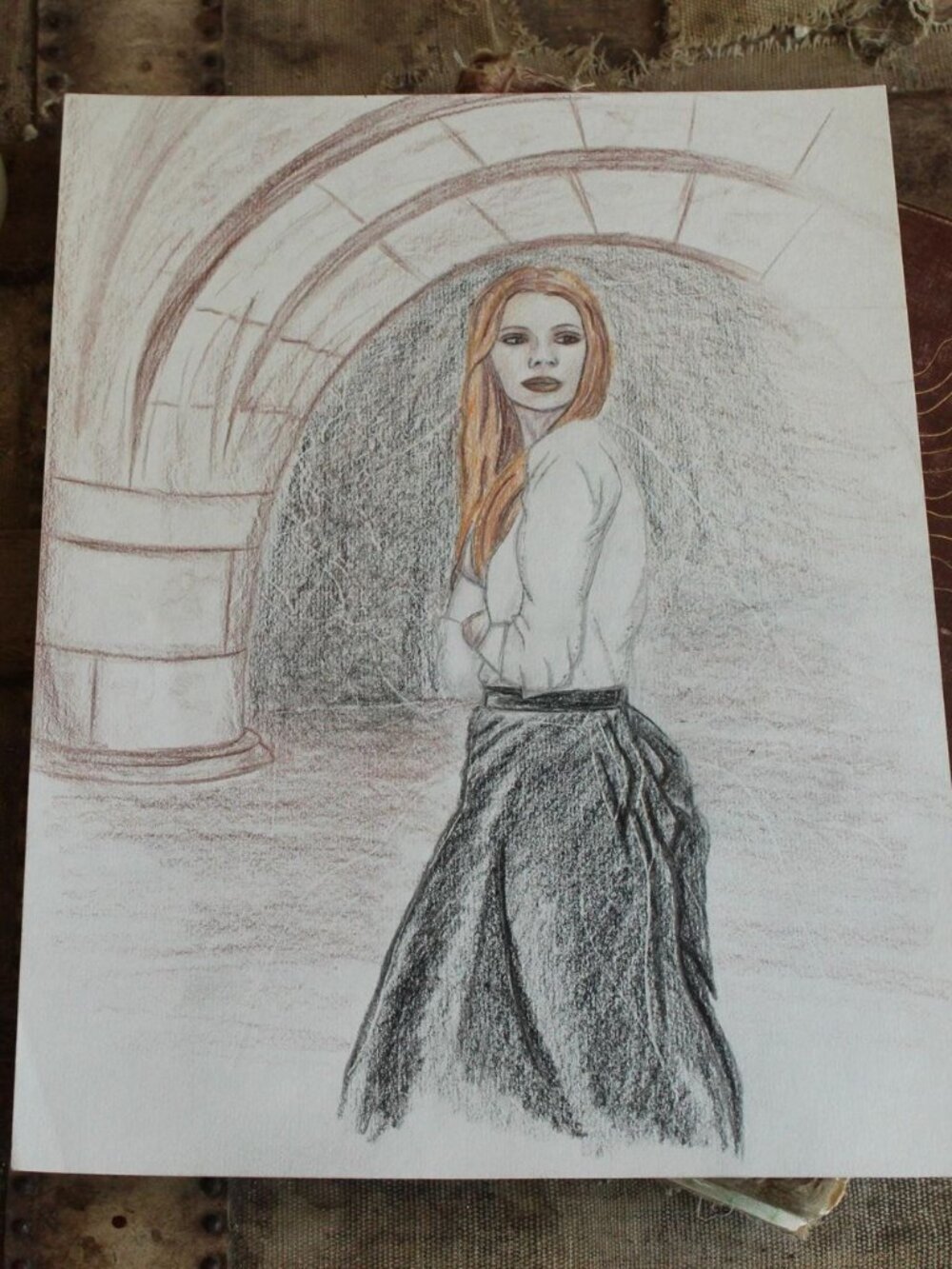 Original 9"x12" Artwork Sketch, Colored Pencil Victorian Woman, "Sophie"